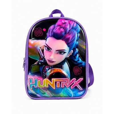 Mochila infantil com imagem de personagem animada e texto HUNTRIX