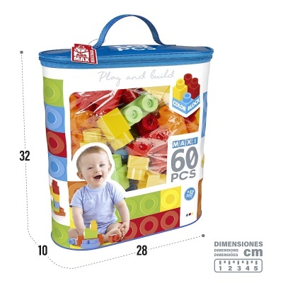 Embalagem de blocos de construção coloridos com bebê e texto MAXI 60 PCS