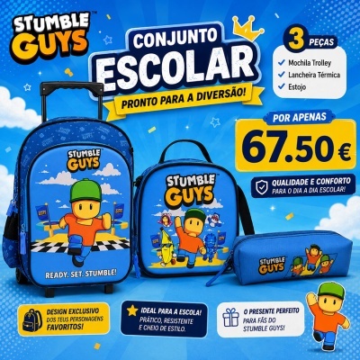 Conjunto escolar Stumble Guys com mochila trolley, lancheira térmica e estojo azuis com personagens do jogo.