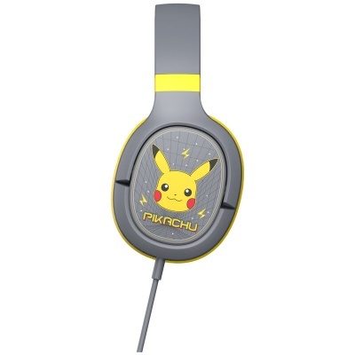 Headphones cinzentos e amarelos com desenho de Pikachu e texto PIKACHU