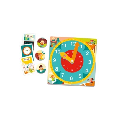 Relógio de aprendizagem de madeira com ponteiros amarelos e cartões didáticos