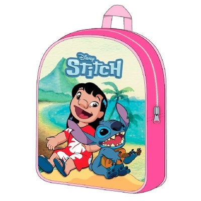 Mochila infantil rosa com imagem do Disney Stitch frente praia