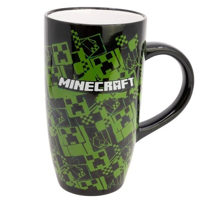 Caneca preta com decoração verde e texto branco Minecraft