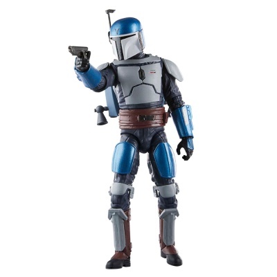 Figura de ação com capacete e armadura azul e cinzenta segurando uma arma