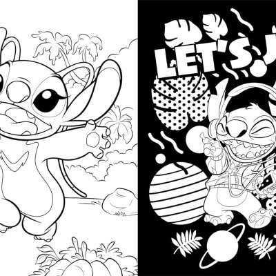 Desenho a preto e branco de Stitch em duas cenas distintas, uma na natureza e outra com tema musical LET'S JAM!
