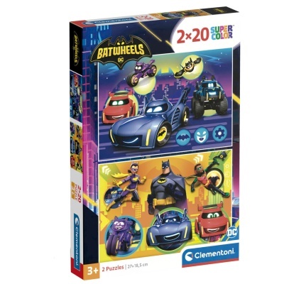 Caixa de dois puzzles Batwheels DC com 20 peças cada, cores vibrantes e personagens em fundo urbano noturno