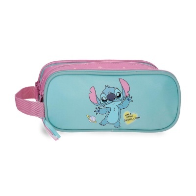 Estojo escolar azul e rosa com personagem Stitch e texto