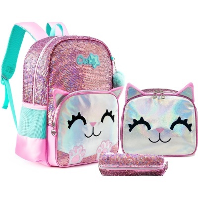 Conjunto infantil com mochila, lancheira e estojo com design de gato em rosa e prateado