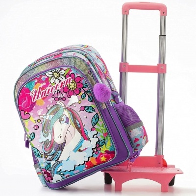 Mochila infantil com design de unicórnio colorido e carrinho de puxar rosa
