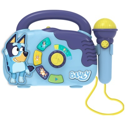 Microfone e aparelho de música infantil azul com microfone amarelo