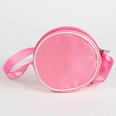 Bolsa redonda rosa com fecho e alça decorada