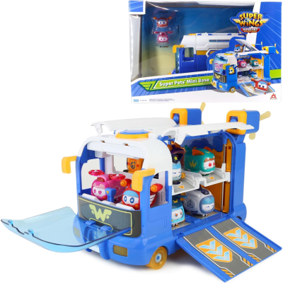 Brinquedo Super Wings Super Pets Mini Base com figuras de animais coloridos e embalagem ao fundo