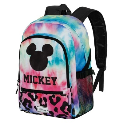 Mochila colorida tie-dye com estampa do Mickey e bolso frontal com padrão de manchas