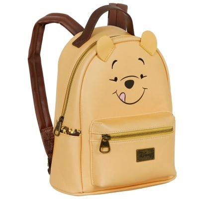 Mochila pequena amarela com rosto do Winnie the Pooh e alças castanhas