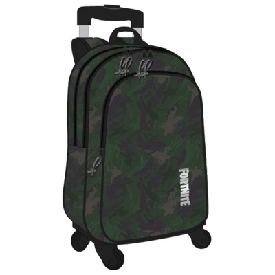Mala de viagem verde e preta com padrão camuflado e texto FORTNITE
