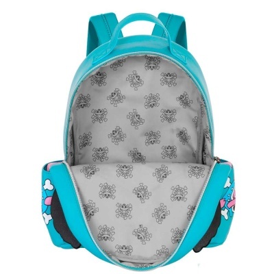 Mochila azul turquesa aberta mostrando interior com padrão cinza e bolsos laterais coloridos