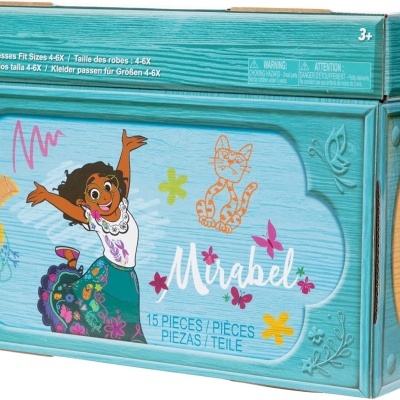 Caixa azul com ilustração da personagem Mirabel em vestido colorido