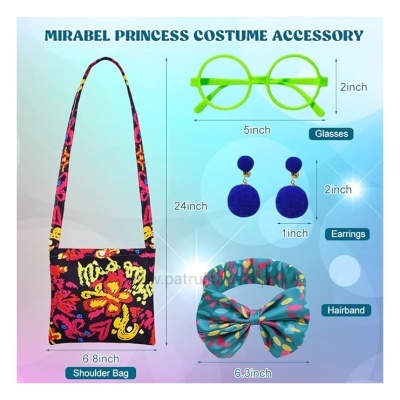 Conjunto de acessórios para fantasia com mala colorida, óculos verdes, brincos azuis e fita para cabeça. 