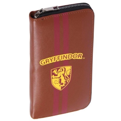 Carteira castanha com fecho zip, riscas vermelhas e brasão GRYFFINDOR amarelo e vermelho