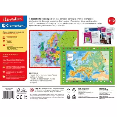 Embalagem de jogo educativo com mapas da Europa e cartas informativas