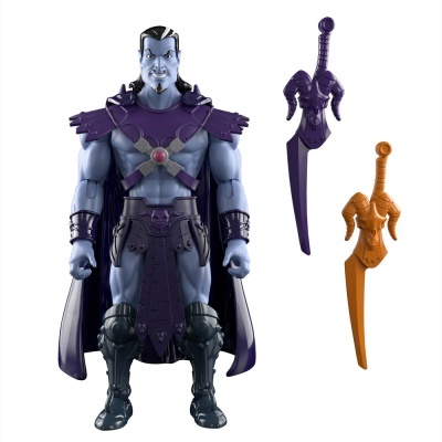 Figura de ação masculina azul e roxa com armadura e duas adagas coloridas