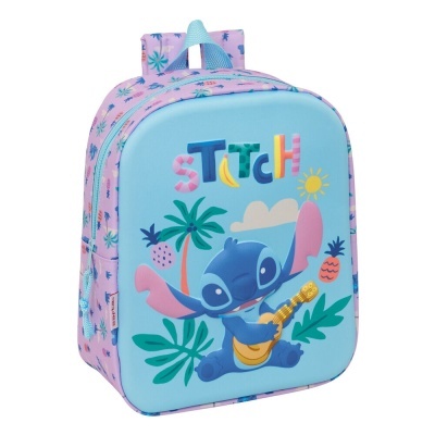 Mochila infantil azul e lilás com personagem Stitch e motivos tropicais