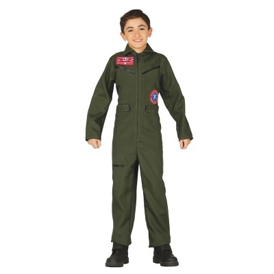 Macacão infantil verde estilo militar com aplicações e bolsos