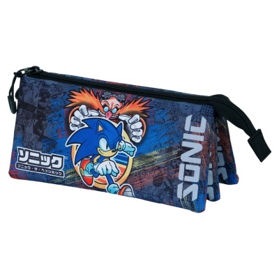 Estojo escolar triangular azul com estampa de Sonic e texto SONIC