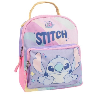 Mochila infantil com estampa do personagem Stitch em tons pastel.
