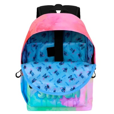 Mochila colorida aberta com padrão do personagem Stitch no interior azul.