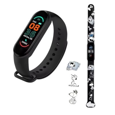 Relógio inteligente com bracelete preta e bracelete adicional preta com desenhos de cães de banda desenhada