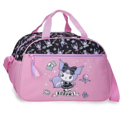 Mala desporto rosa e preta Kuromi com personagem animada e texto KUROMI