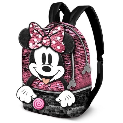 Mochila infantil rosa e preta com design da Minnie Mouse e paillettes