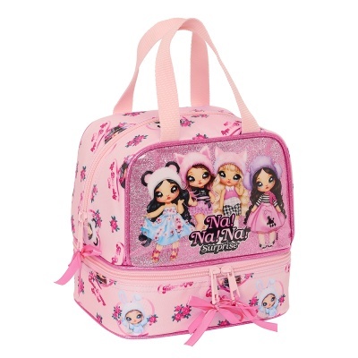 Mochila infantil rosa com personagens Na! Na! Na! Surprise e flores