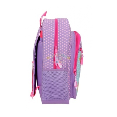 Mochila lilás com padrão de pontos rosa e bolso de rede lateral