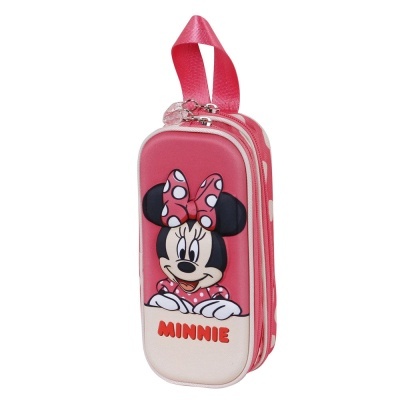 Estojo retangular cor-de-rosa e branco com imagem da Minnie Mouse e texto MINNIE