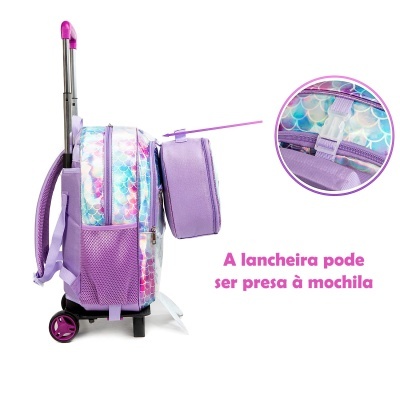 Mochila de rodas lilás com padrão de escamas e bolso frontal