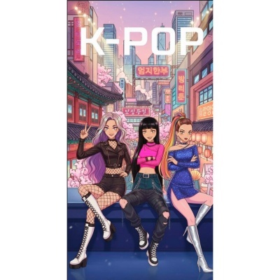 Ilustração de três jovens mulheres numa rua urbana com letreiros em coreano e texto K-POP