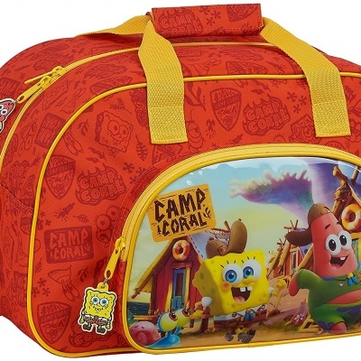 Mala de viagem vermelha com alças amarelas e imagem de SpongeBob e Patrick