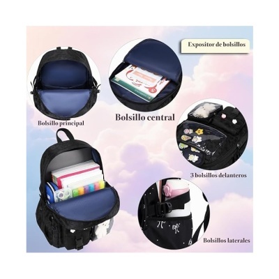 Mochila preta com bolsos principais, central, dianteiros e laterais exibidos