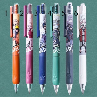 Seis canetas coloridas com personagens de anime e texto 'NARU'