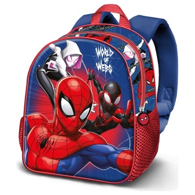 Mochila colorida do Homem-Aranha com texto WORLD OF WEBS