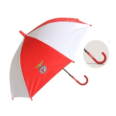 Guarda-chuva vermelho e branco com emblema do SL BENFICA e pega vermelha com texto