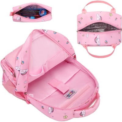 Mochila e lancheira térmica cor-de-rosa com unicórnios e estrelas