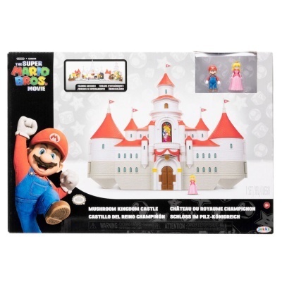 Caixa de brinquedo com castelo e figuras do filme Super Mario Bros.
