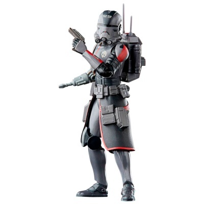 Action figure de soldado futurista cinzento e preto com detalhes vermelhos