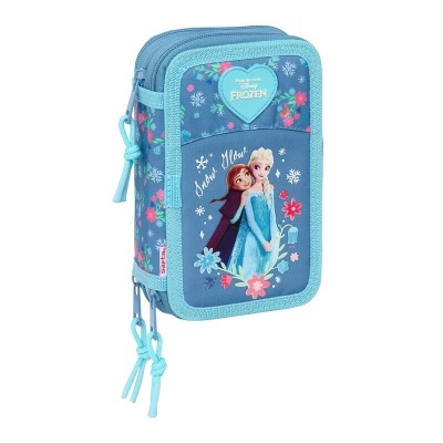 Estojo azul Disney Frozen com personagens Anna e Elsa e flores.