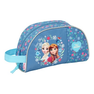 Necessaire azul com personagens Elsa e Anna e padrão floral.
