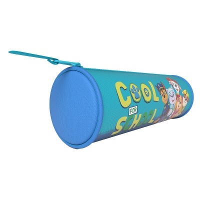 Estojo cilíndrico azul com personagens de desenhos animados e texto COOL FOR SCHOOL