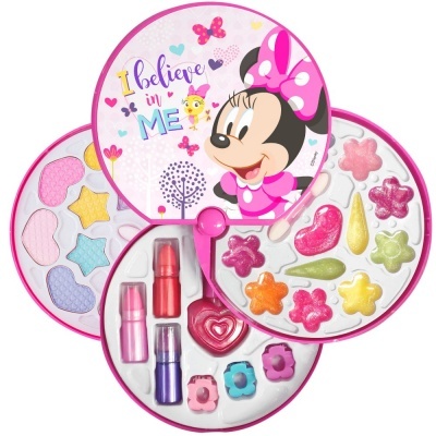 Conjunto de maquilhagem infantil da Minnie com várias paletas coloridas e tampa ilustrada